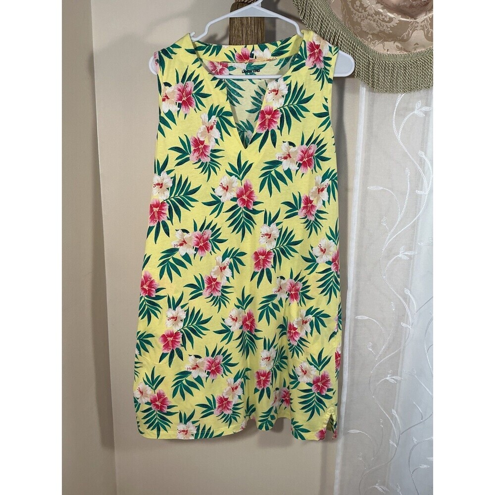 Lands' End Yellow Hibiscus Print Babydoll Mini Dress Sleeveless Sz M 10-12 - Picture 2 of 7